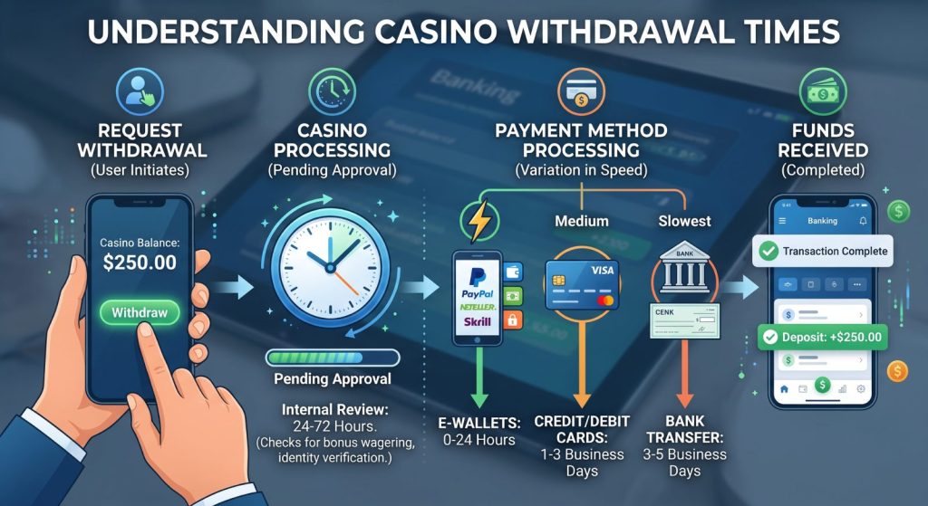 Infographic of the casino withdrawal process from request to approval and payment by method