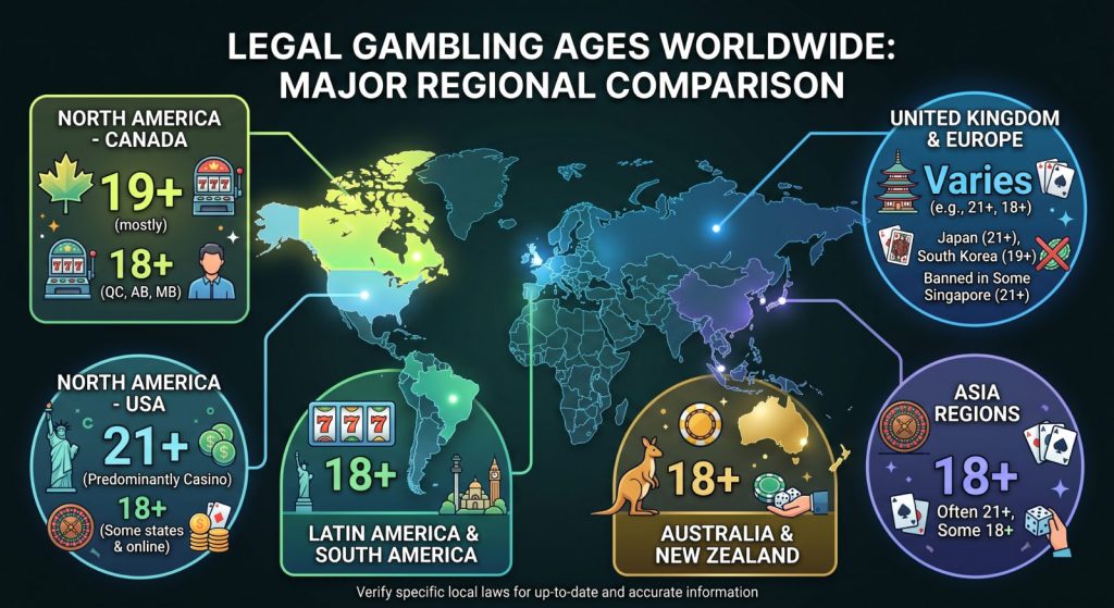 Map comparing legal gambling ages, with 19+ in most of Canada and 18+ in Quebec, Alberta and Manitoba
