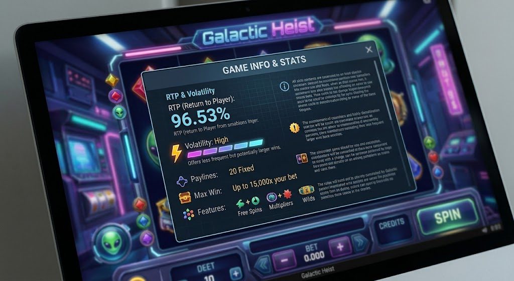 Slot game info screen showing RTP, volatility, paylines and maximum win