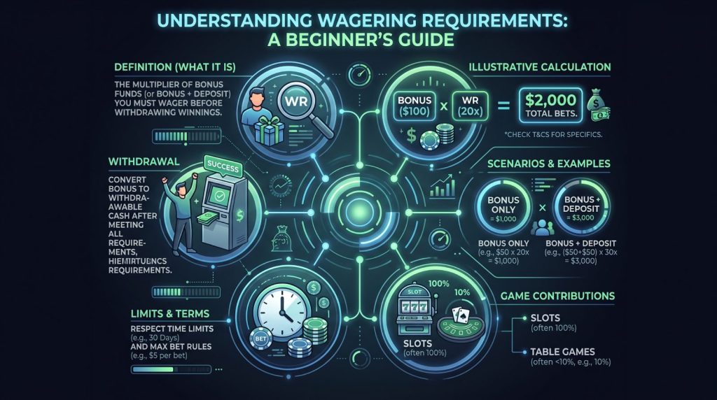 Infographic explaining wagering requirements with example calculations and game contributions