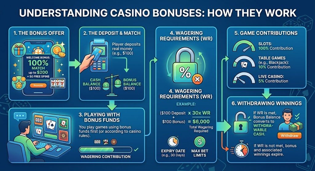 Infographic showing how a casino bonus works from deposit match to wagering and withdrawal