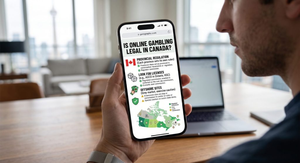 Phone showing a guide to online gambling rules in Canada with a map of the provinces